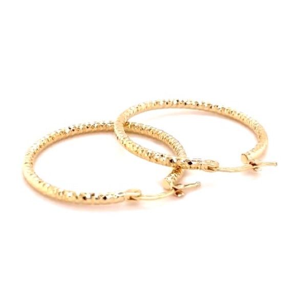 14K Yellow Gold Diamond Cut Hinged Hoop Earrings - Picture 4 of 8